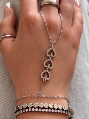 3/$40! Triple Heart Silver Hand Chain Platinum Plated Dainty Slave Bracelet